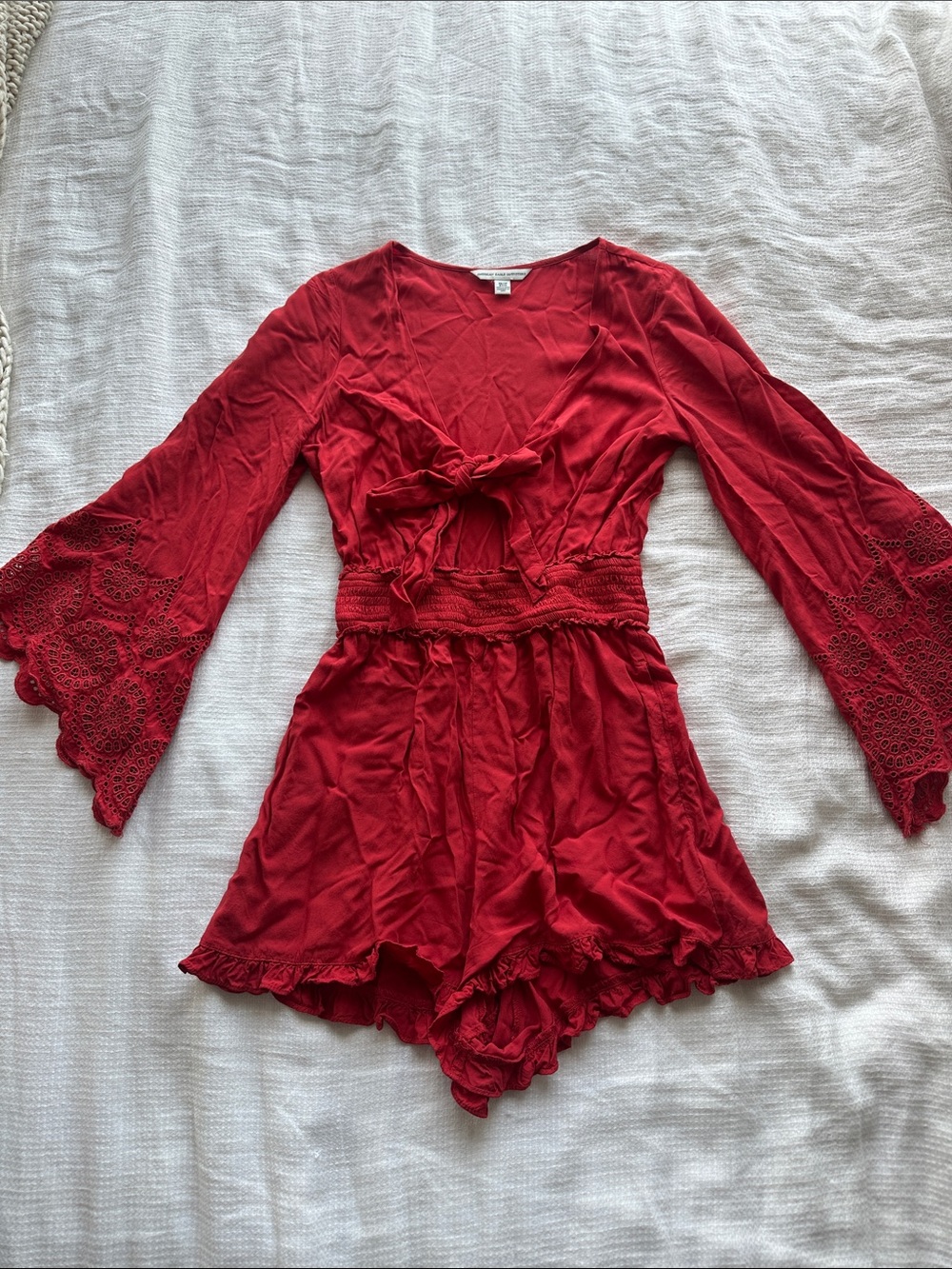 American Eagle Outfitters Red Lace Bell-Sleeve Romper
